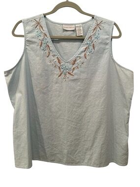 Linen Blend Light Blue Embroidered V-Neck Sleeveless Blouse Top Spring  Sz XL